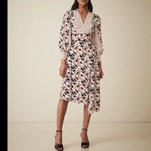 Reiss Emmi Printed Midi Dress Size 8 Women V Neck Slit Viscose Long Sleeve